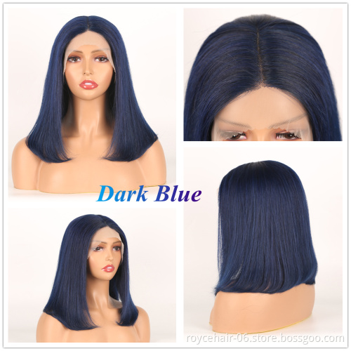 Color Hair Bob Wig Vendor, Piano Blue Lace Front Wig For Women, Highlight Human Hair Pre Plucked HD T Shape Lace Front Wig